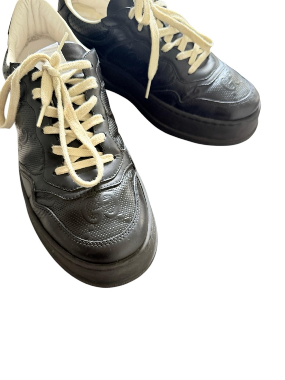 Gucci Embossed  Black Leather Chunky Sneakers with Cream Laces - Picture 6 of 9